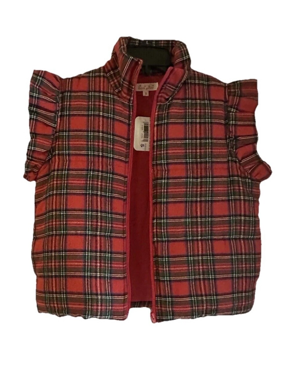 Sweet Generis Plaid Puffer Vest Size S Red Tartan Ruffle Sleeve Zip Up N